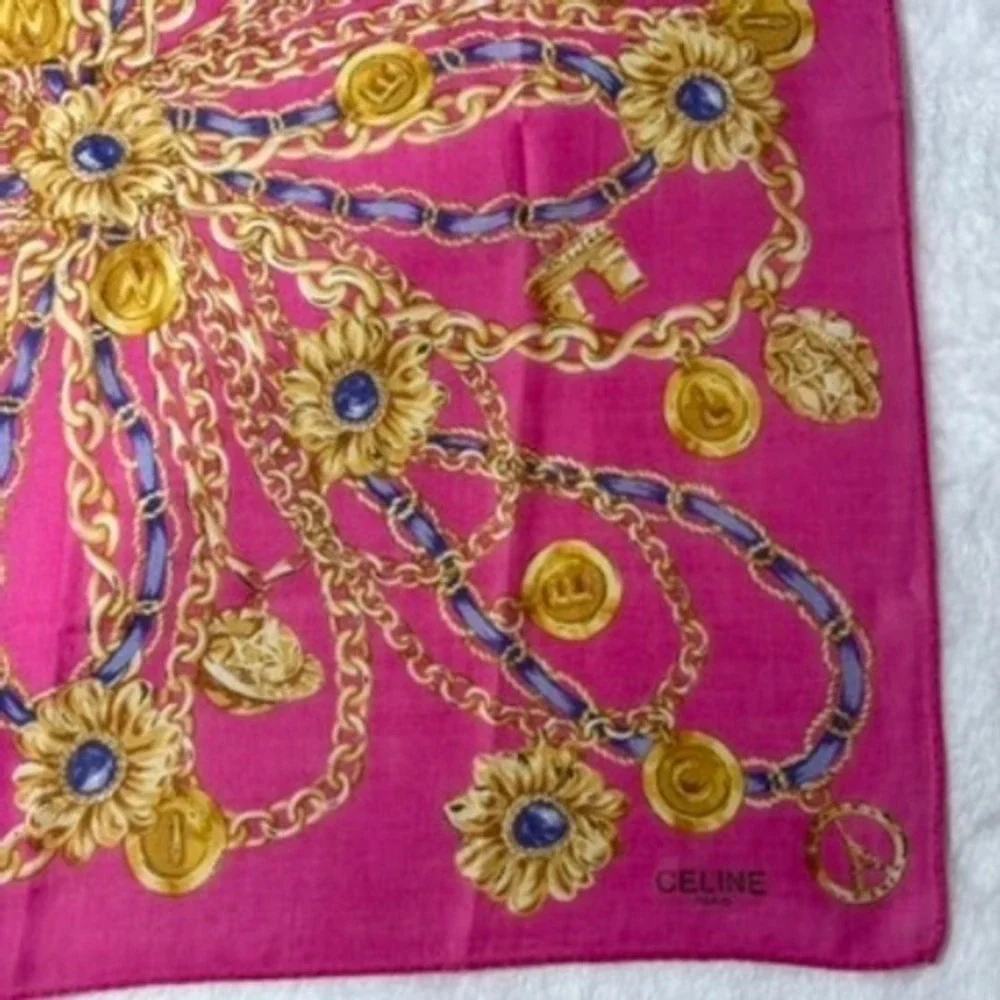 Vtg CELINE Scarf Handkerchief Chain Medallion Pink Gold Blue 18